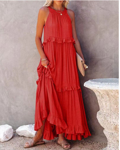 Ruffled Sleeveless Tiered Maxi Dress with Pockets