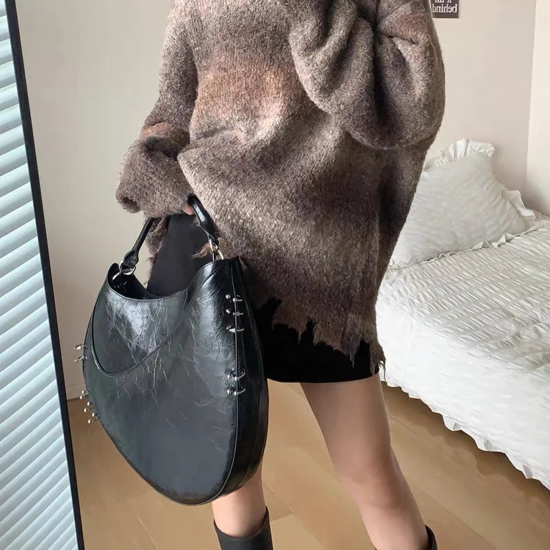 Vintage Half Moon Bags For Women Luxury Designer Handbag Purses New In PU Oil Wax Leather Ring Large Capacity Slim Shoulder
