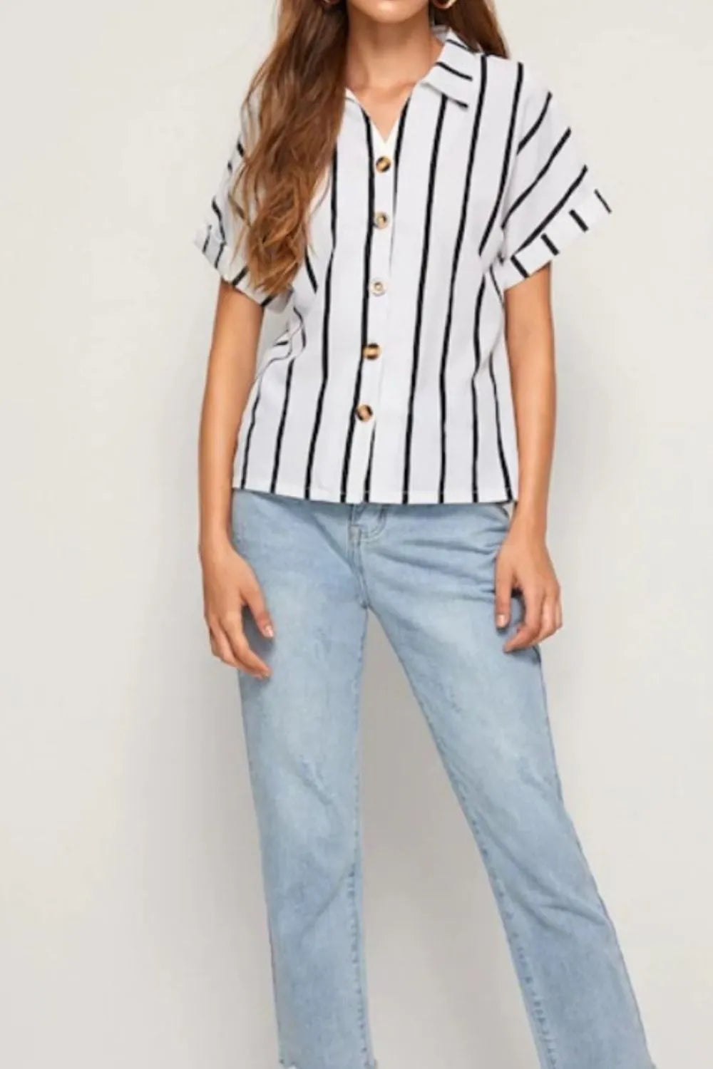 Casual striped breasted collared loose short sleeved shirt for women