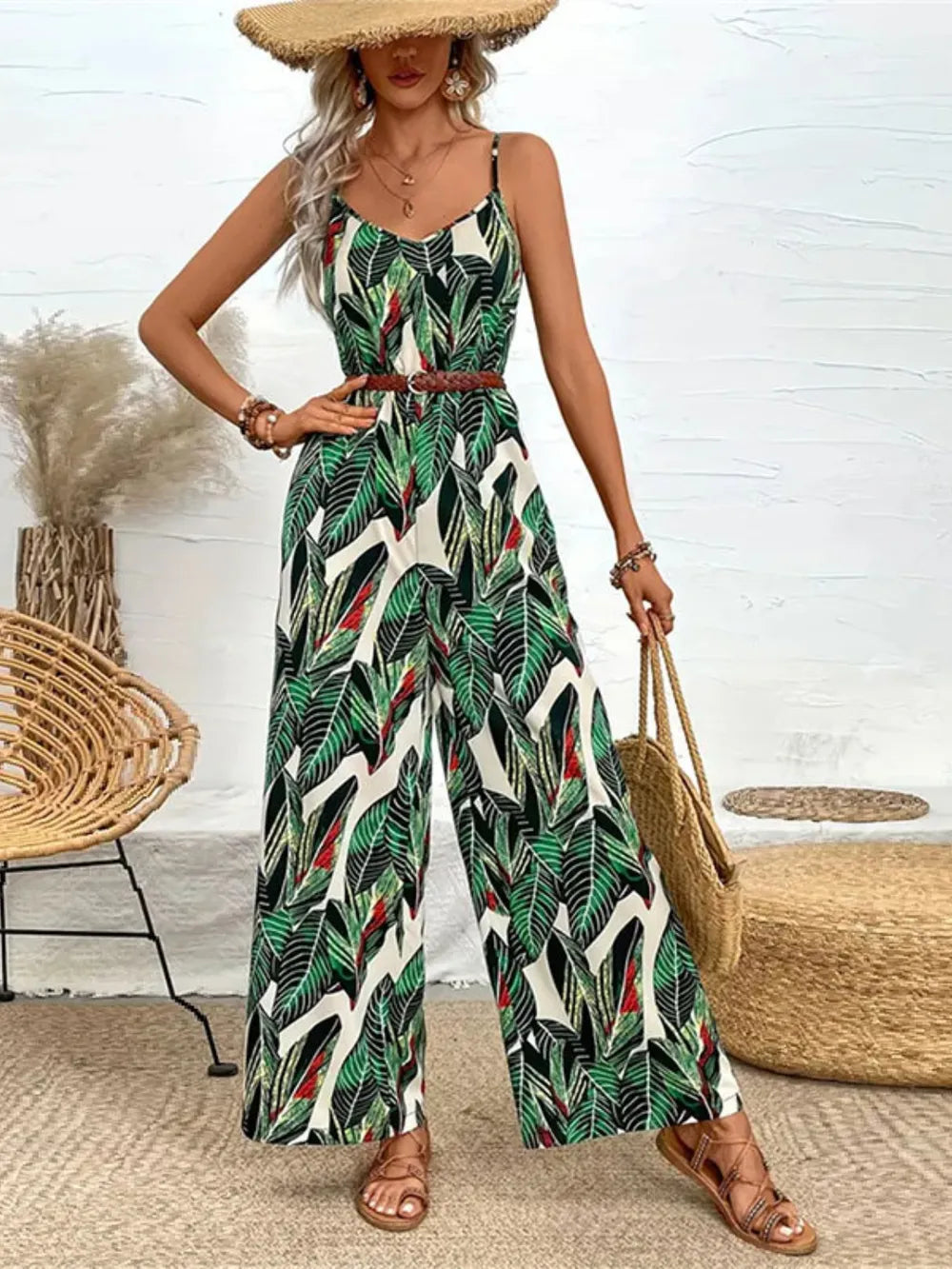 Tropical Print Spaghetti Strap Wide Leg Jumpsuit