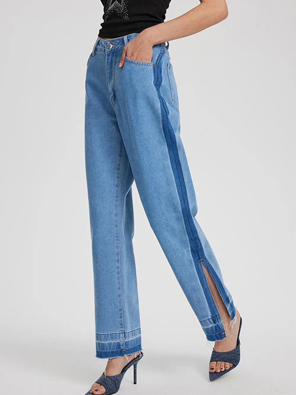 Retro casual high waisted leg slit straight leg denim pants