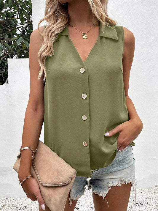 Solid color V-neck loose chiffon sleeveless twist button vest shirt for women