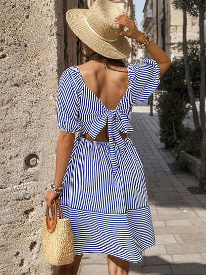 Striped dress with lapel short sleeved tie backless dress