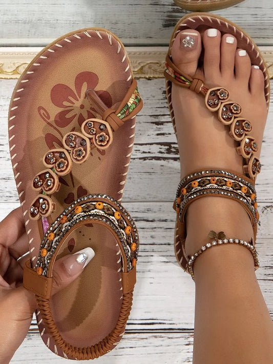 Western Asian ethnic style women's shoes summer fashion beach flat sandals beaded diamond clip on shoes