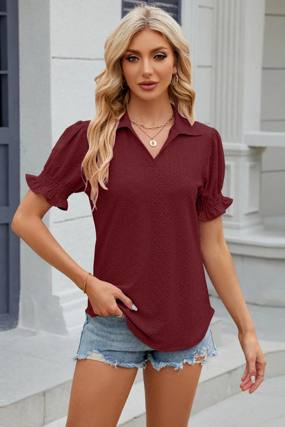 Summer New Solid Color Collar Short Sleeve Cuffled Loose Top for Women
