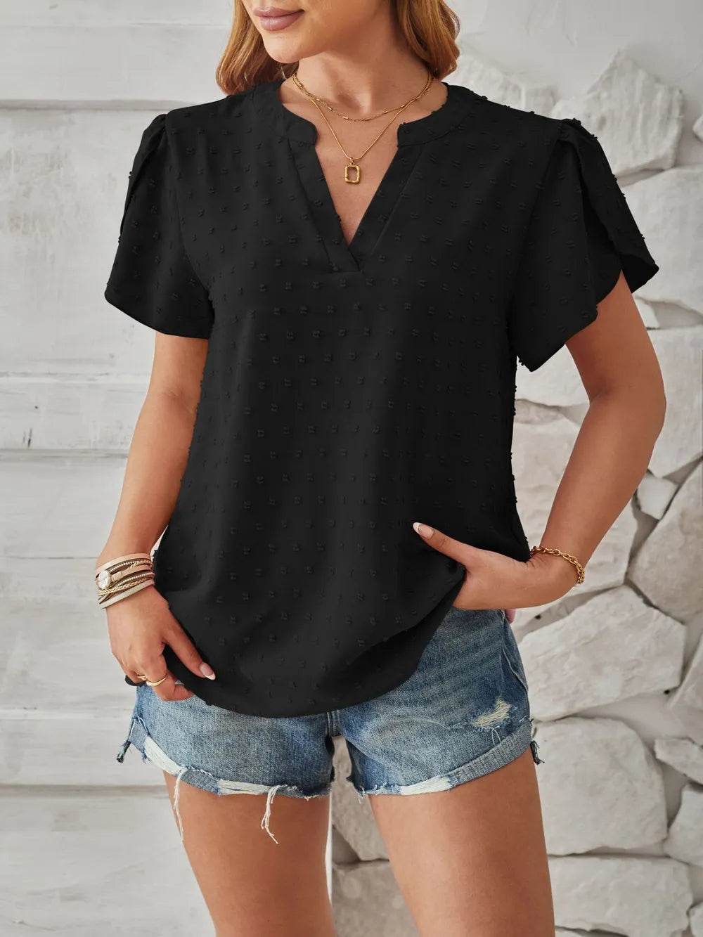 Spring and summer new V-neck chiffon ball top with petal sleeves commuting shirt