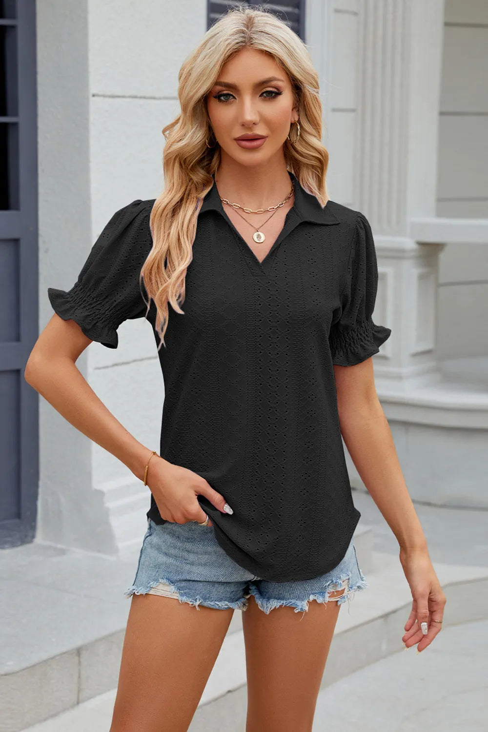 Summer New Solid Color Collar Short Sleeve Cuffled Loose Top for Women