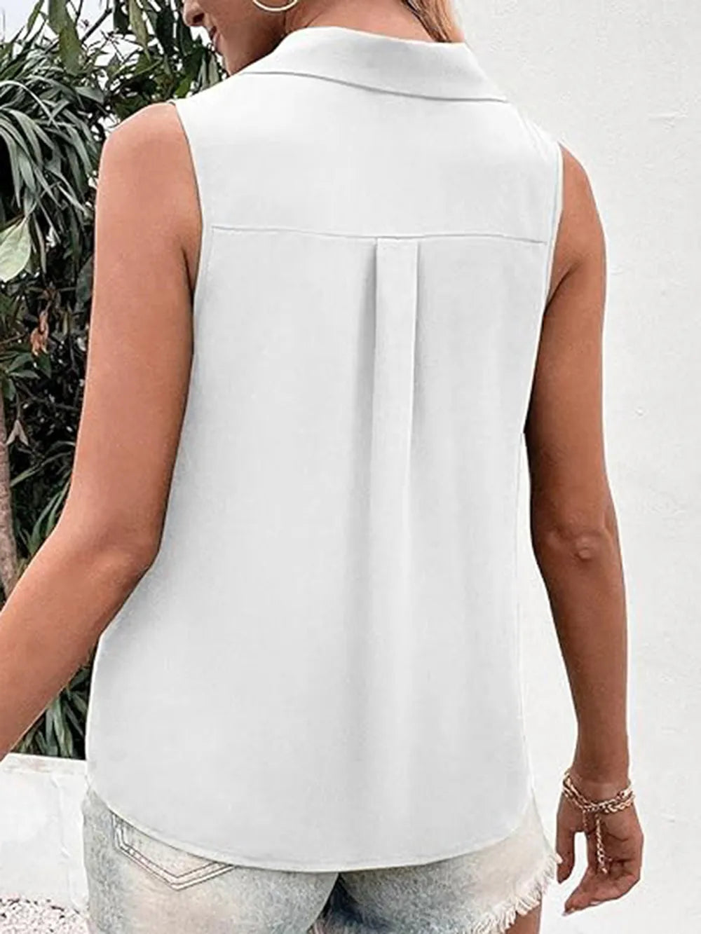 Solid color V-neck loose chiffon sleeveless twist button vest shirt for women