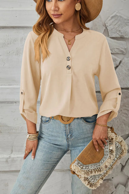 V-neck solid color comfortable breathable casual long sleeved top