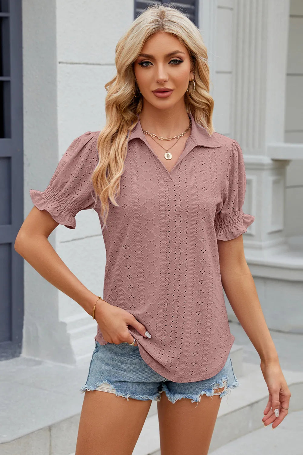 Summer New Solid Color Collar Short Sleeve Cuffled Loose Top for Women