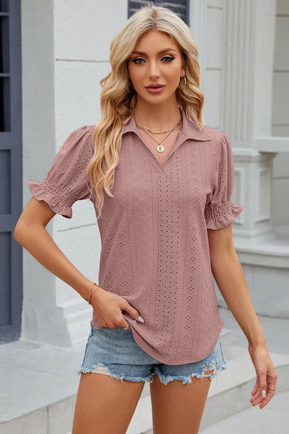 Summer New Solid Color Collar Short Sleeve Cuffled Loose Top for Women
