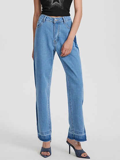Retro casual high waisted leg slit straight leg denim pants