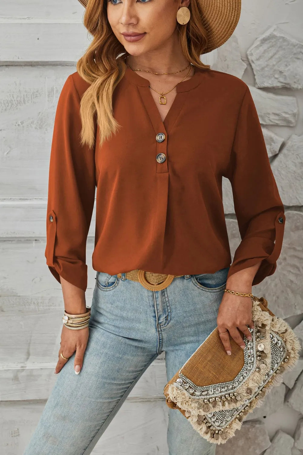 V-neck solid color comfortable breathable casual long sleeved top