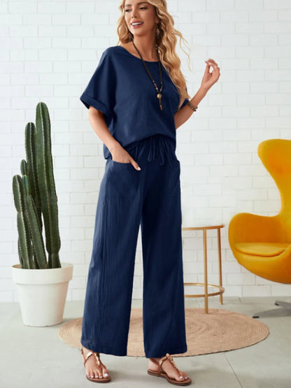 Round neck sleeveless comfortable casual top paired with pants two-piece set