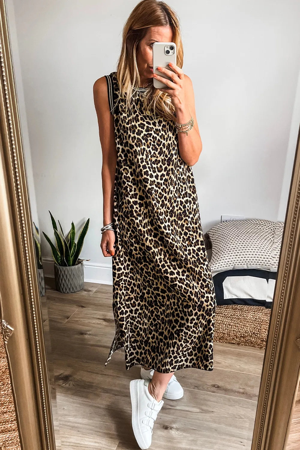 Side Slit Leopard Sleeveless Maxi Dress