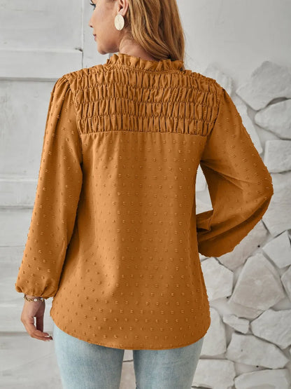 V-neck pleated woven jacquard long sleeved chiffon shirt