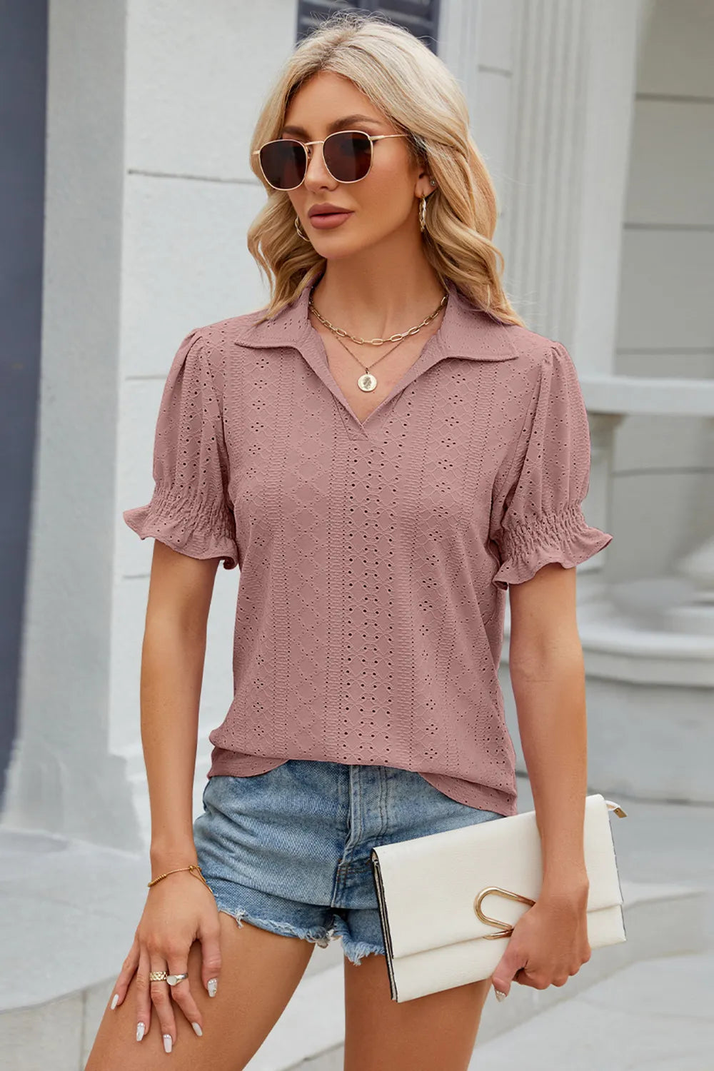 Summer New Solid Color Collar Short Sleeve Cuffled Loose Top for Women
