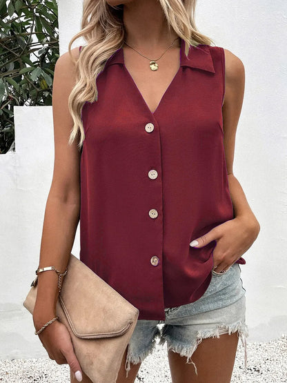 Solid color V-neck loose chiffon sleeveless twist button vest shirt for women