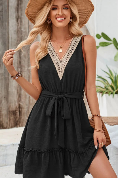 Solid color V-neck sleeveless lace cinched waist dress