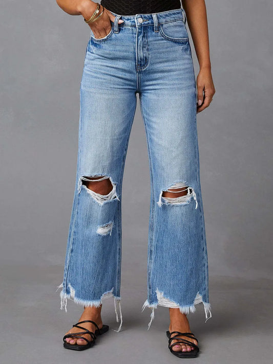 Washed ripped high waisted pants wide leg jeans for women