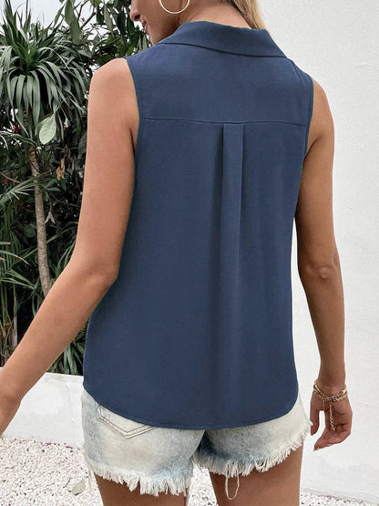 Solid color V-neck loose chiffon sleeveless twist button vest shirt for women
