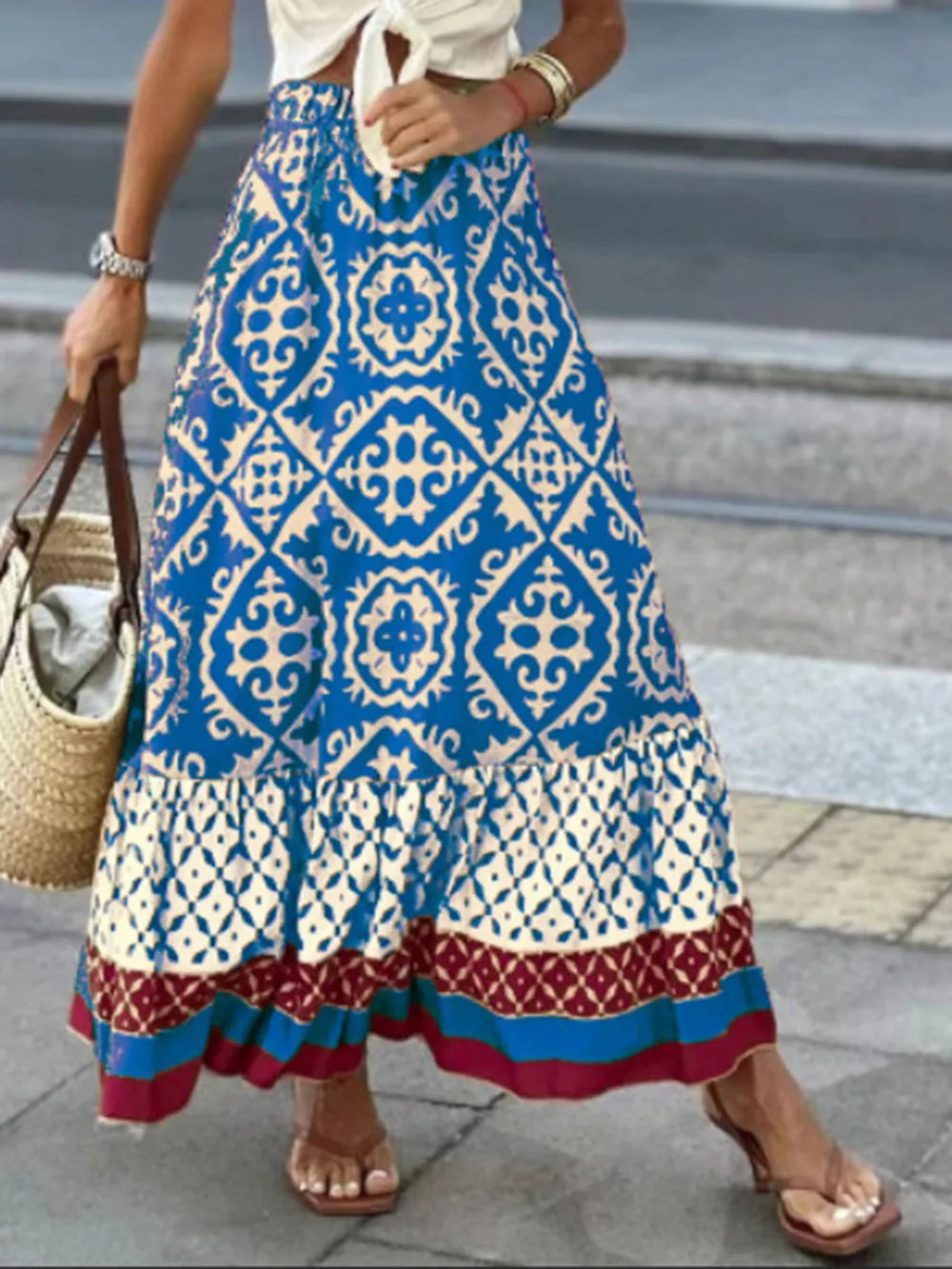 Summer New Printed Loose Splicing Large Swing Skirt for Women