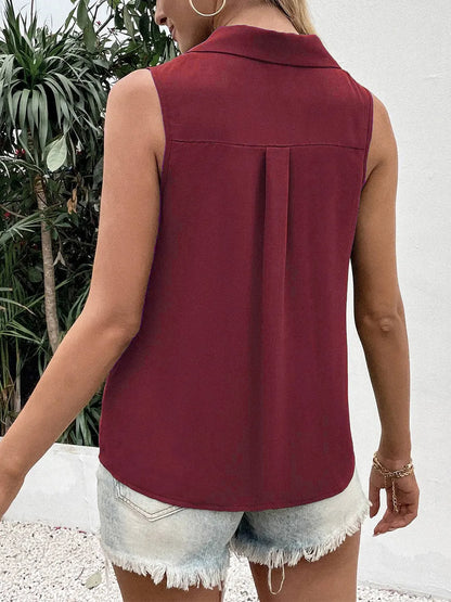 Solid color V-neck loose chiffon sleeveless twist button vest shirt for women