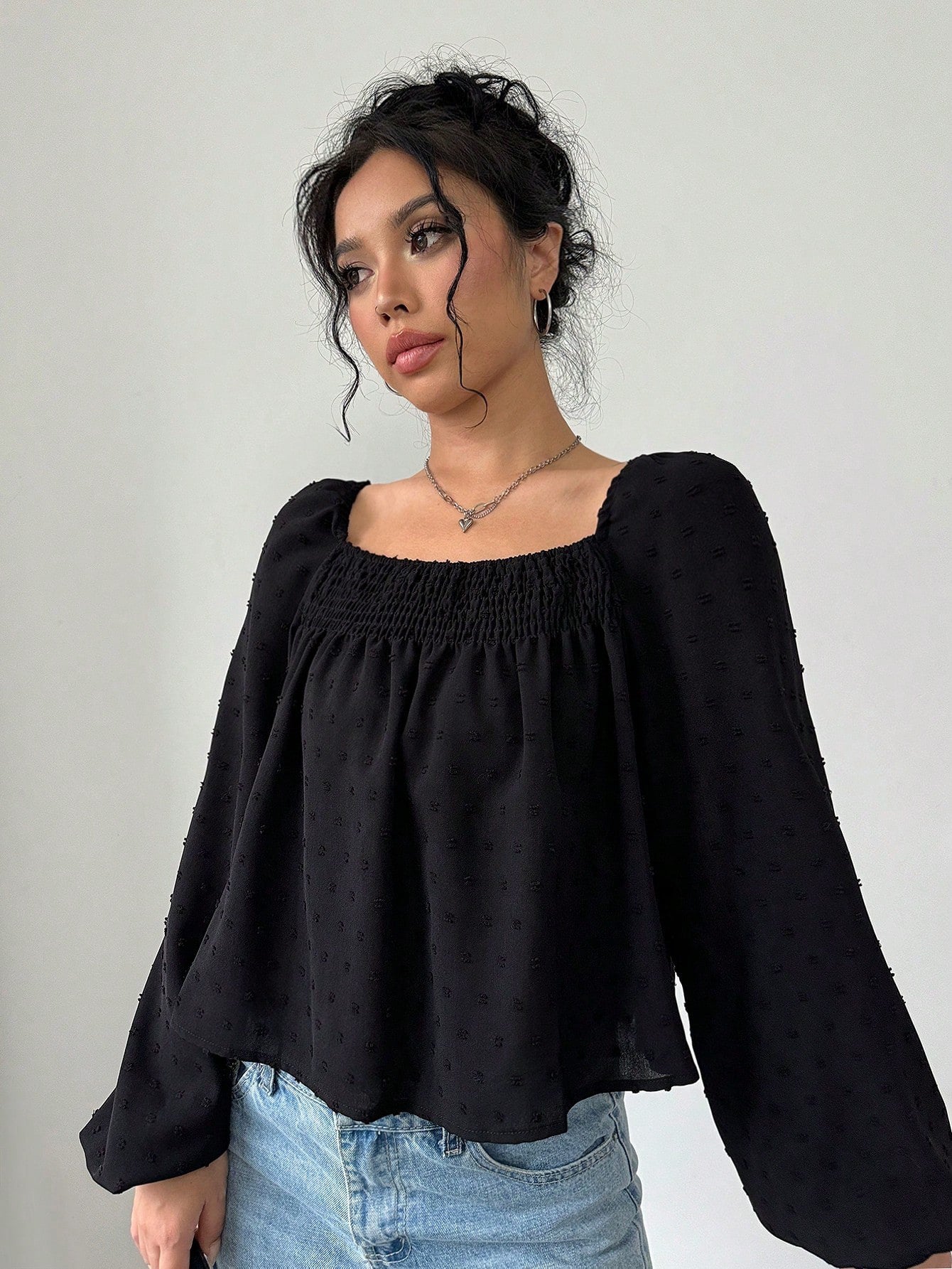 Swiss Dot Square Neck Long Sleeve Blouse