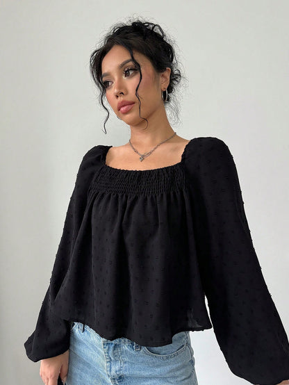 Swiss Dot Square Neck Long Sleeve Blouse