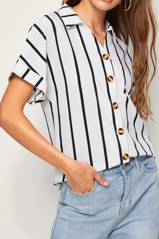 Casual striped breasted collared loose short sleeved shirt for women