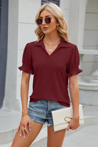 Summer New Solid Color Collar Short Sleeve Cuffled Loose Top for Women