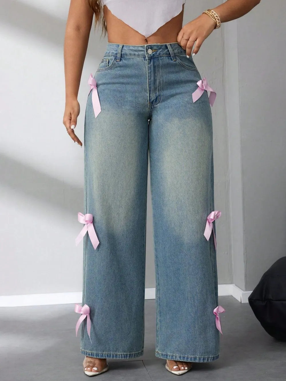 Bow High Rise Wide Leg Jeans