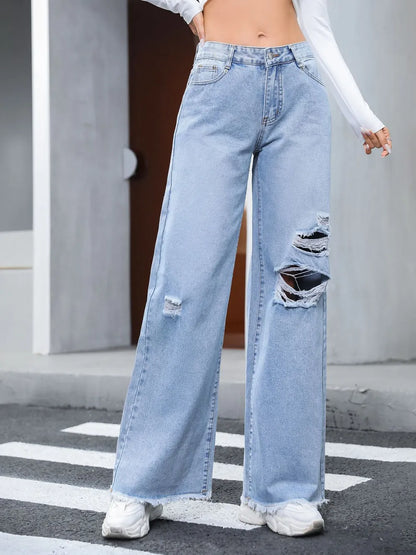 Distressed Raw Hem Wide Leg Jeans