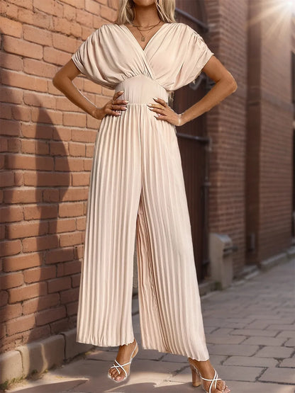 Cross V-neck pleated wide leg light apricot jumpsuit pants