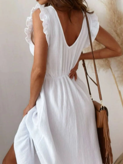 Ruffled V-Neck Cap Sleeve Maxi Dress
