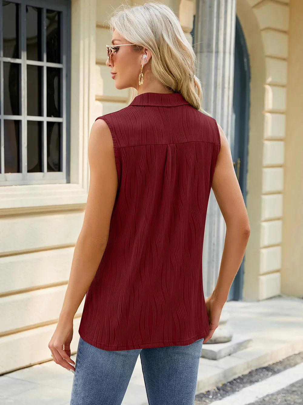 Summer new solid color lapel loose sleeveless vest top for women