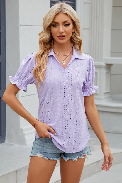 Summer New Solid Color Collar Short Sleeve Cuffled Loose Top for Women