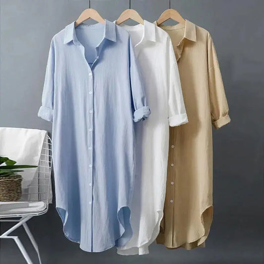 Fashion Long Sleeve Cotton Linen Midi Dress Women Fall Loose Casual Comfortable White Buttons Dresses For Women Robe Femme
