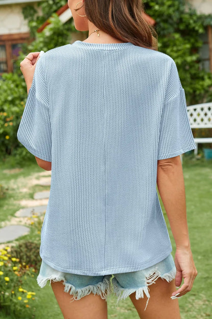 Summer casual contrasting wave striped short sleeved pocket T-shirt top