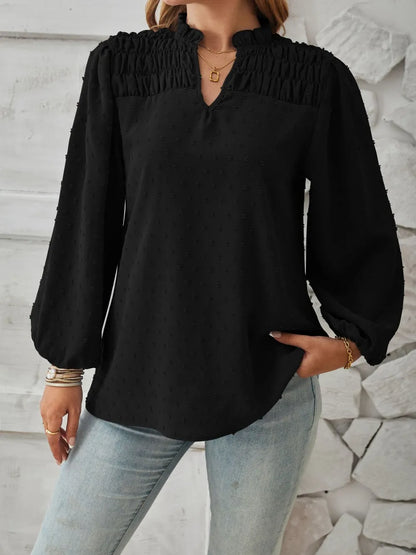 V-neck pleated woven jacquard long sleeved chiffon shirt