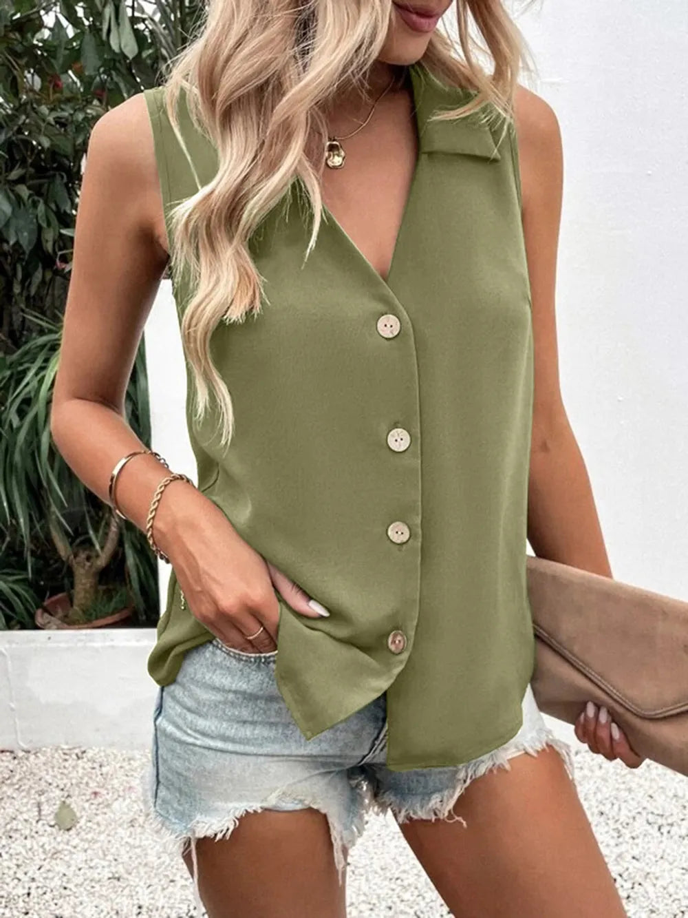 Solid color V-neck loose chiffon sleeveless twist button vest shirt for women