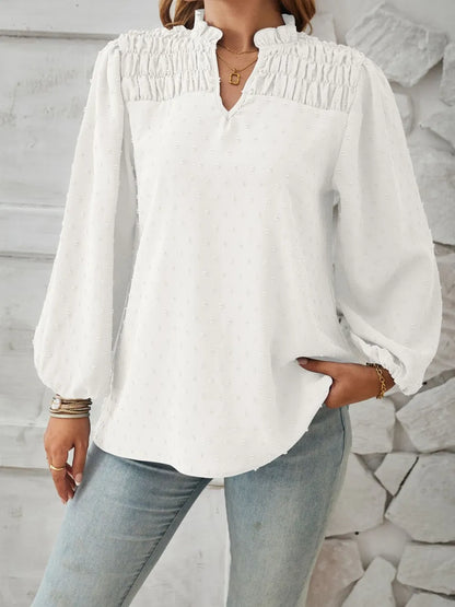 V-neck pleated woven jacquard long sleeved chiffon shirt