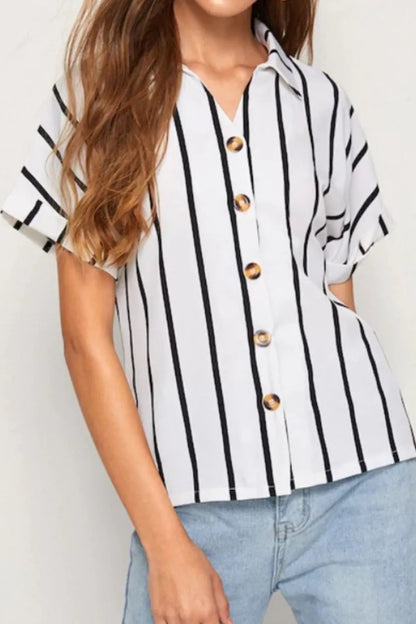 Casual striped breasted collared loose short sleeved shirt for women
