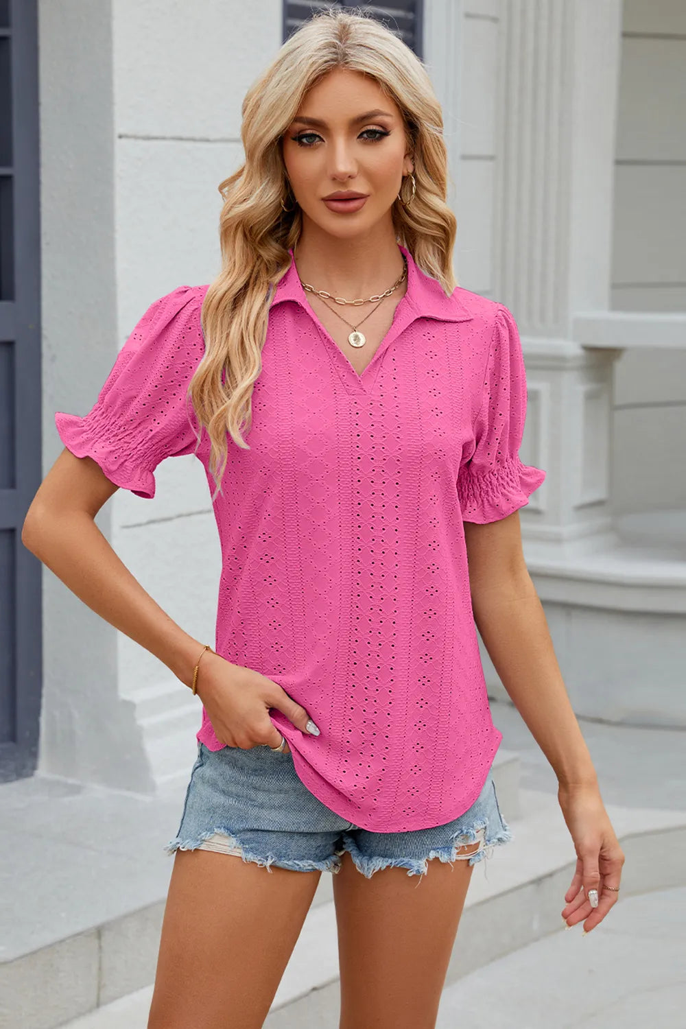 Summer New Solid Color Collar Short Sleeve Cuffled Loose Top for Women