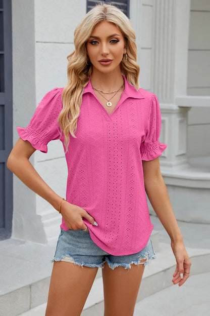 Summer New Solid Color Collar Short Sleeve Cuffled Loose Top for Women