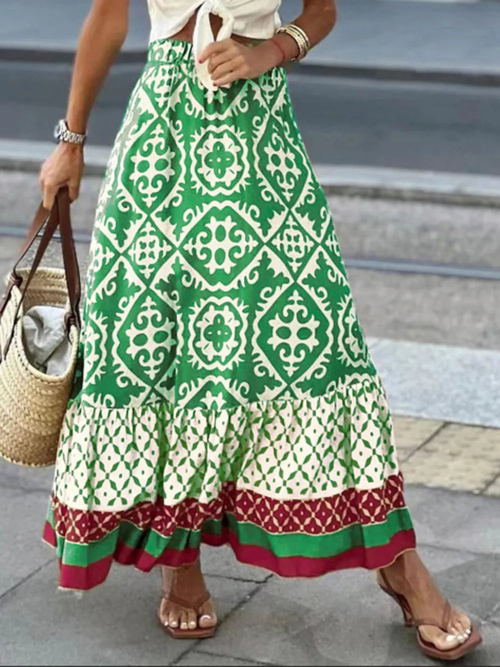Summer New Printed Loose Splicing Large Swing Skirt for Women