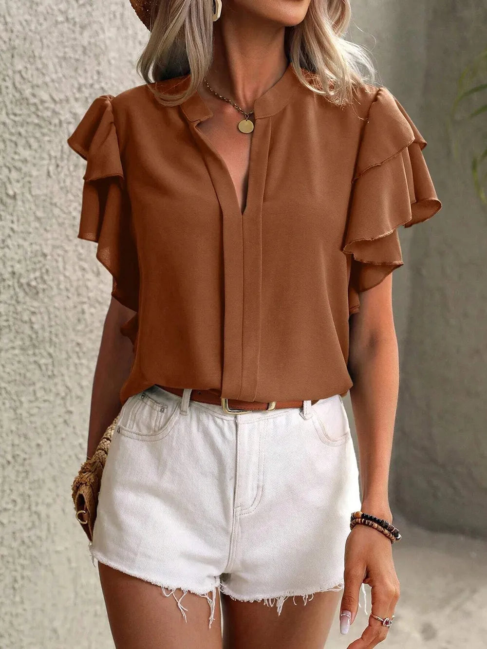 V-neck casual double-layer lotus leaf sleeve solid color shirt top