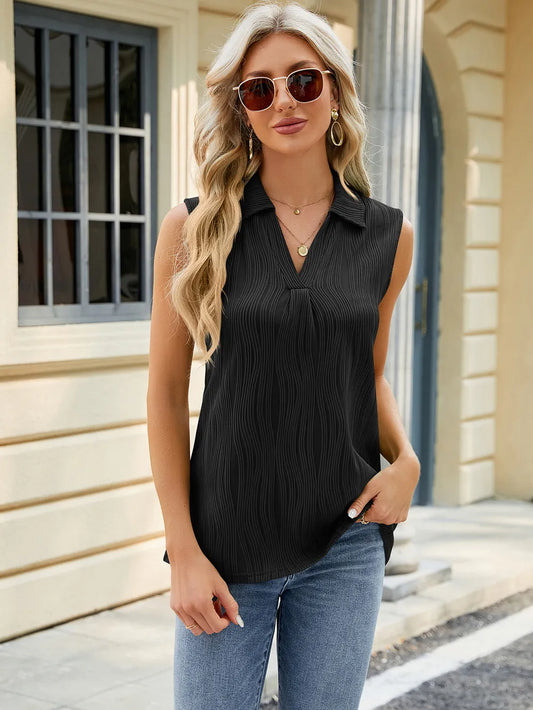 Summer new solid color lapel loose sleeveless vest top for women