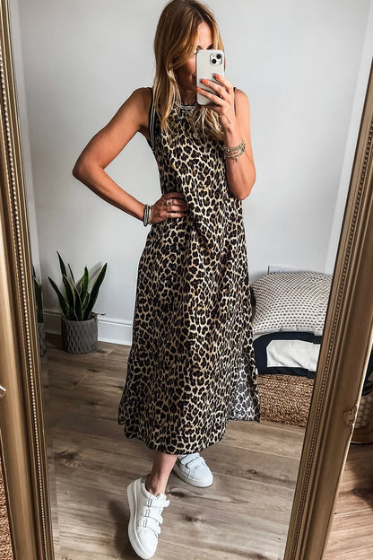 Side Slit Leopard Sleeveless Maxi Dress