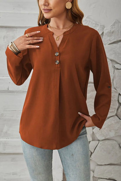 V-neck solid color comfortable breathable casual long sleeved top